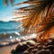 Beachside allure Blurred palm, bokeh background enhance sandy scene, embodying summer escape