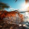 Beachside allure Blurred palm, bokeh background enhance sandy scene, embodying summer escape