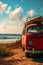 Beachside Bliss: Parked Red Bus and Surfing Essentials.