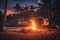 A beachside bonfire with music and dancing realistic tropical background