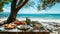 beachside dining setup with seafood on a wooden camping table in summer