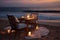 Beachside dinner table at twilight features soft candlelight, coastal decor. AI Generated