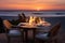 Beachside dinner table at twilight features soft candlelight, coastal decor. AI Generated