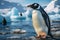 Beachside penguin, framed by icebergs, natures polar juxtaposition