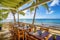 beachside restaurant, with view of the ocean and clear blue skies
