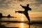 Beachside silhouette A man practices kickboxing, bathed in stunning sunset