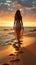 Beachside solitude, woman s feet leave imprints on sunrise kissed sand