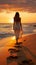Beachside solitude, woman s feet leave imprints on sunrise kissed sand