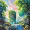 Beacon atop a sapphire tower, overlooking a crystal-clear stream, lush greenery, sunrise, vibrant colors, high detail, side view,