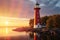 Beacon of safety Baltiysk port lighthouse, under a beautiful rainbow