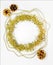 Beads, chain of balls, three bumps, round circle of tinsel. New year decorations of yellow and golden color on a white background