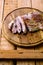 Beaf steak on a wooden background