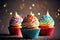 beaful delicious cupcakes with multi-colored cream and original birthday decorations