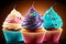 beaful delicious cupcakes with multi-colored cream and original birthday decorations