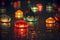 beaful festive floating asian lanterns with ornament on water