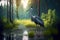 beaful gray crane bird stands on swamp in summer forest