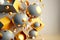 beaful installation with golden balls and light gray shapes as 3d render abstract geometric background, generative ai