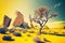 beaful landscape of majestic rocks of hot yellow lifeless desert and lonely trees