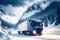 beaful modern cargo truck rides on snow-covered highway in mountains