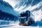 beaful modern cargo truck rides on snow-covered highway in mountains