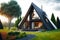 beaful modern house with triangle roof with flat paths and lawns