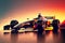 beaful modern racing car for formula one racing against backdrop of sunset, generative ai