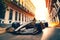 beaful modern racing car for formula one racing drives down street of city, generative ai