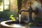 from beaful old tap, water flows into stone sink in garden drenched in morning sunshine