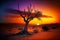 beaful sunset in desert and lonely dead tree