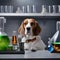 A Beagle as a mad scientist, surrounded by miniature beakers and bubbling potions2