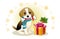 Beagle biting ribbon bone with christmas gift