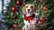Beagle Christmas dog background. Happy New Year, Merry Christmas concept. Portrait of Cute Beagle puppy breed wearing