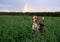 Beagle dog on a background of a rainbow