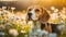 Beagle dog in a blossoming flower meadow, close-up