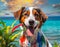 Beagle dog with colorful paint on the beach at sunset in summer. AI-generated image