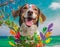 Beagle dog with colorful paint on the beach at sunset in summer. AI-generated image