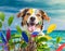 Beagle dog with colorful paint on the beach at sunset in summer. AI-generated image