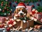 Beagle Dog with Damaged Gift Boxes and Christmas Decor