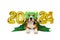 A beagle dog in a dragon costume, helium balloons with the numbers 2024