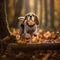 Beagle dog runs through the autumn forest