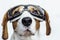 Beagle dog in safety glasses looking up