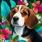 beagle dog in tropical forest with brightly colored plants and flowers
