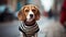 Beagle in a knitted striped sweater