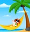 The beagle lies in a yellow hammock on the beach with a drink against the background of the sea and waves its paw hello