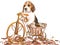 Beagle puppy in brown bicycle