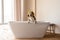 Beagle puppy dog taking a bath, sitting in bathtub