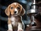 Beagle puppy examining microscope with camera settings