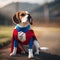 A beagle in a superhero costume with a logo and a matching mask1