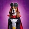 A beagle in a superhero costume with a logo and a matching mask4