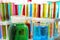 Beaker, flasks and test tubes with colorful liquids, closeup